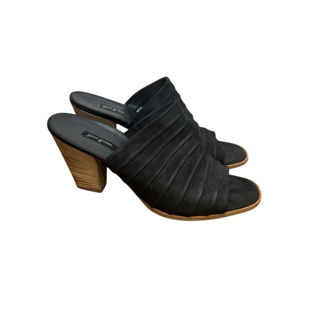 Paul Green Winston Pleated Leather Open-Toe Mules Black Slide Heel Size 6.5
